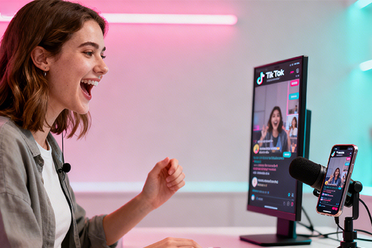 Professional TikTok Shop live streaming setup with NearStream VM20 camera vertically mounted showing clear fashion details